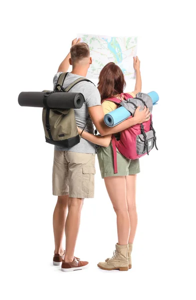 Couple Tourists Map White Background — Stock Photo, Image