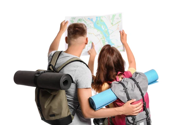 Couple Tourists Map White Background — Stock Photo, Image