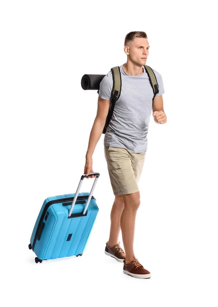 Touriste Masculin Avec Bagages Sur Fond Blanc — Photo