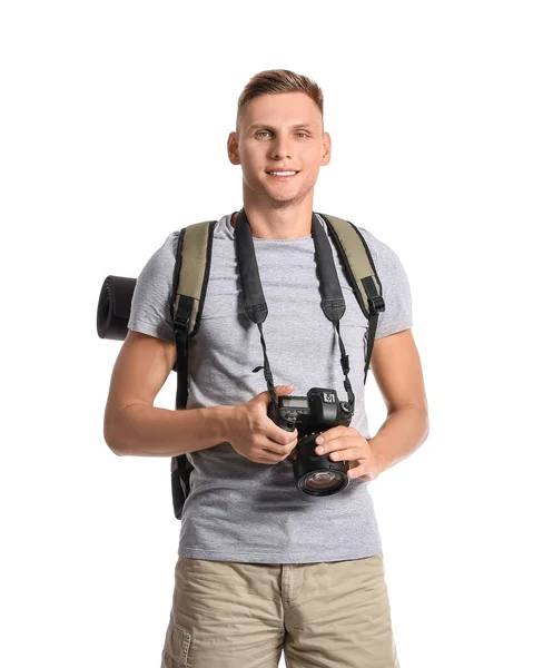Beyaz Arka Planda Kamera Olan Erkek Turist — Stok fotoğraf