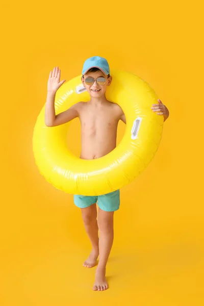 Little Boy Swimming Ring Color Background — Stock Photo, Image