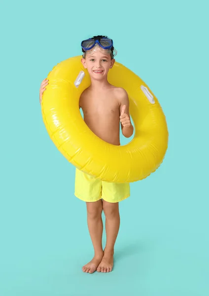 Little Boy Swimming Ring Color Background — Stock Photo, Image
