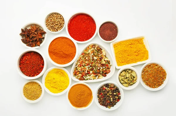 Bowls Different Aromatic Spices White Background Stock Photo