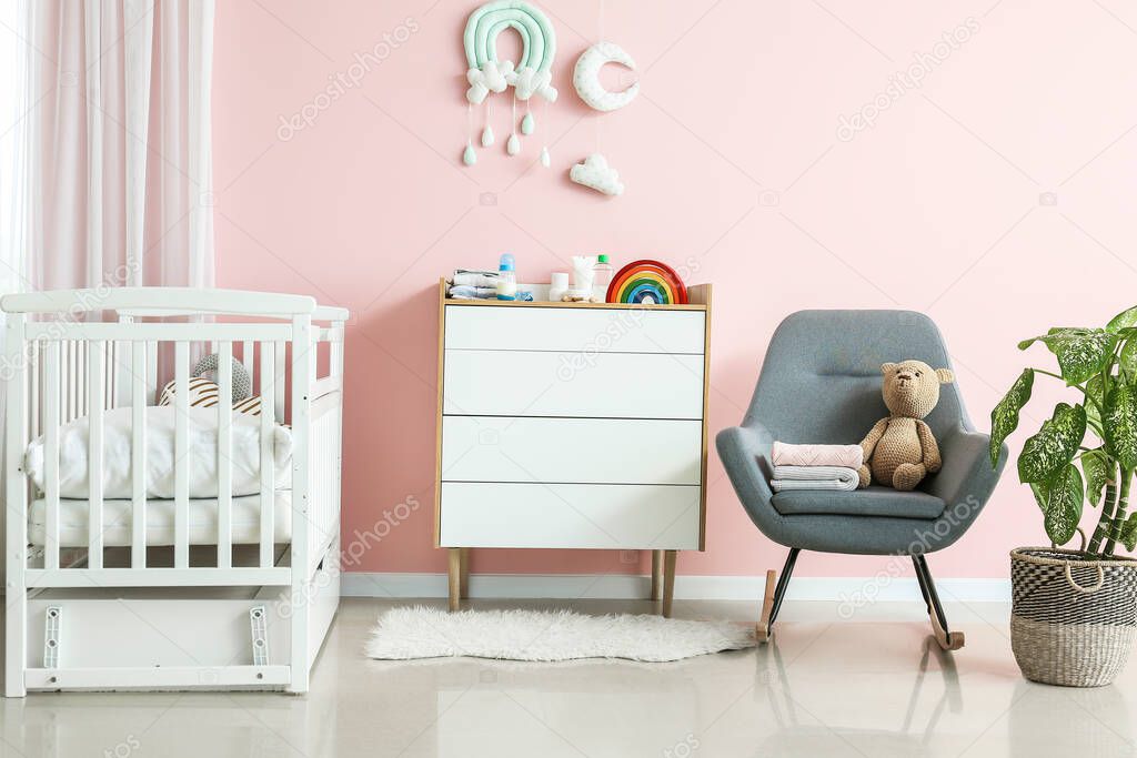 Interior of modern children's room with comfortable bed