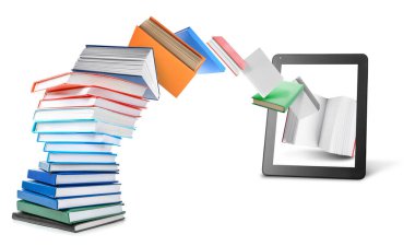 Modern tablet bilgisayar ve beyaz arkaplan üzerine kitaplar. Elektronik kitap kavramı