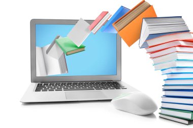 Modern dizüstü bilgisayar ve beyaz arka plan kitapları. Elektronik kitap kavramı