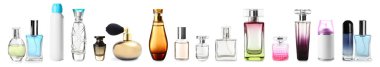Beyaz arka planda farklı parfüm şişeleri