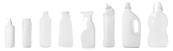 Different Bottles Detergents White Background — Stock Photo, Image