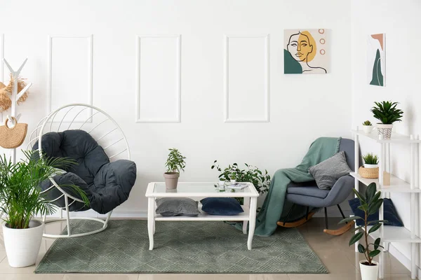 Interior Room Stylish Armchairs Houseplants White Wall — Stock Photo, Image