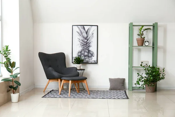 Interior Room Stylish Armchair Houseplants White Wall — Stock Photo, Image