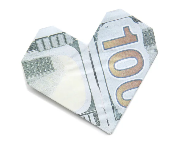 Καρδιά Origami Από Τραπεζογραμμάτιο Δολαρίων Λευκό Φόντο — Φωτογραφία Αρχείου