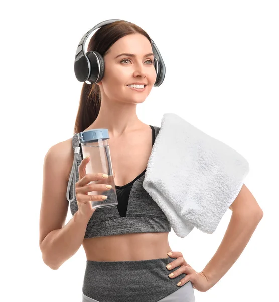 Sporty Young Woman Bottle Water White Background — Stock Photo, Image