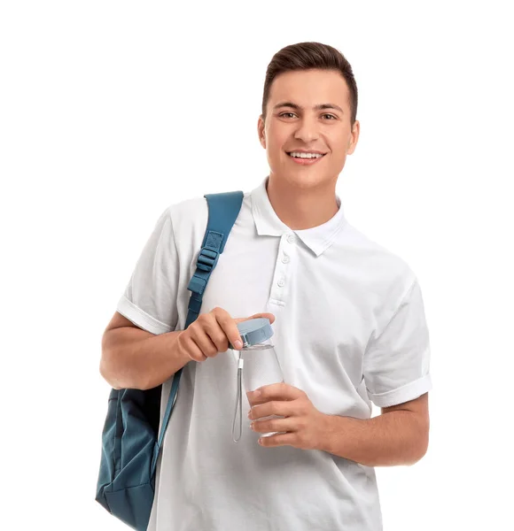 Young Man Bottle Water White Background — Stock Photo, Image