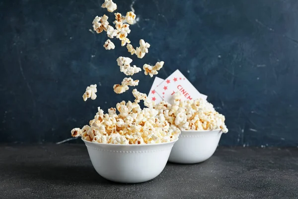 Bowls Tasty Popcorn Cinema Tickets Dark Background — Stock Photo, Image