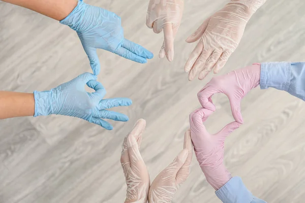 Mãos Médicos Luvas Vista Cima Conceito Unidade — Fotografia de Stock