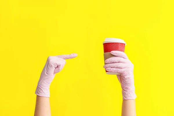 Hands Protective Gloves Cup Coffee Color Background — Stock Photo, Image