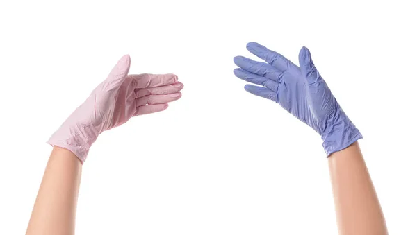 Χειρουργικά Χέρια Προστατευτικά Γάντια Λευκό Φόντο — Φωτογραφία Αρχείου