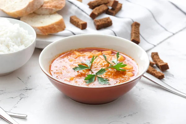 Bowl Tasty Rice Soup Table — Stock Photo, Image