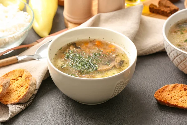 Bowl Tasty Rice Soup Dark Background — Stock Photo, Image