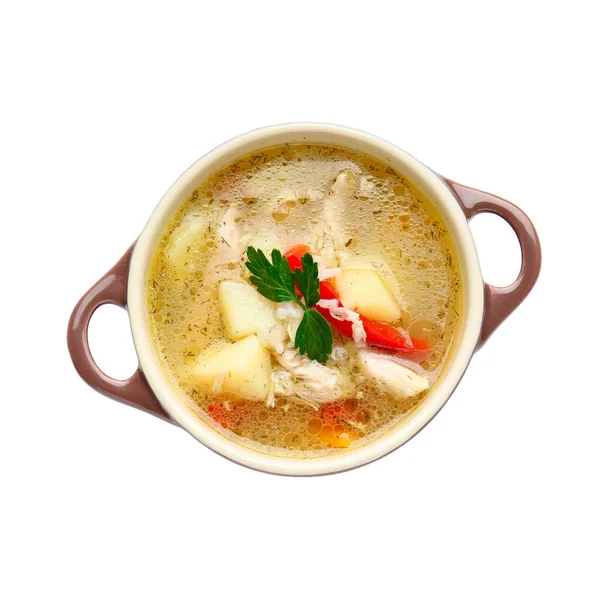 Pot Tasty Rice Soup White Background — Stock Photo, Image