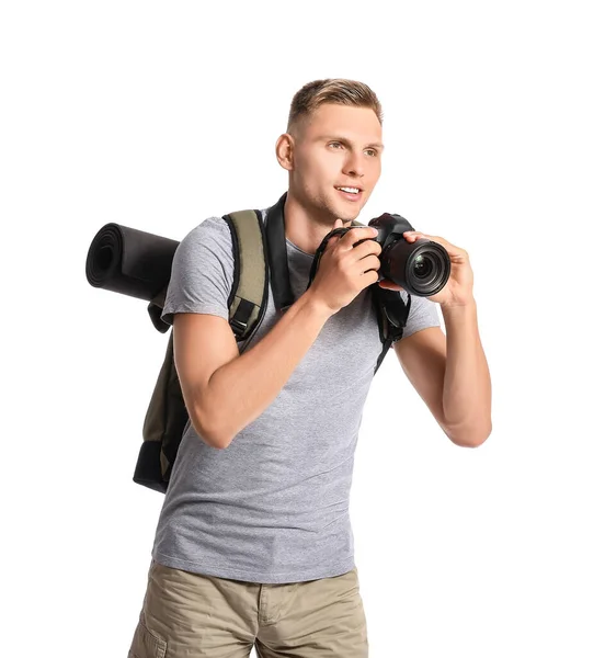 Turista Masculino Com Câmera Fundo Branco — Fotografia de Stock