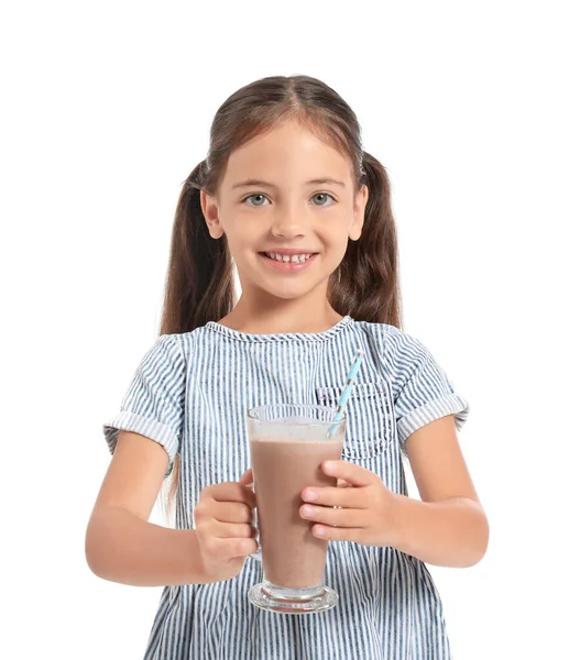 Little Girl Glass Chocolate Milk White Background — Stock Photo, Image