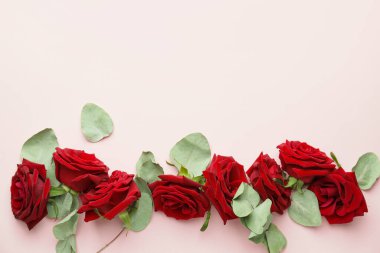 Renkli arkaplanda güzel kırmızı güller ve yapraklar