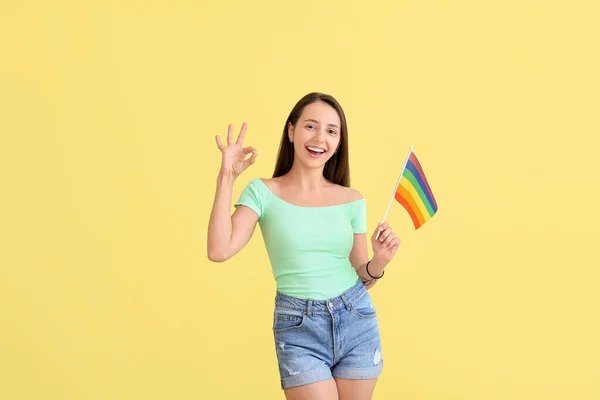Young Woman Lgbt Flag Showing Color Background — Stock Photo, Image