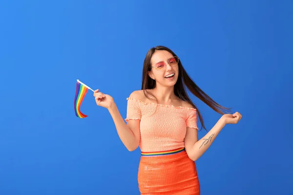 Young Woman Lgbt Flag Color Background — Stock Photo, Image