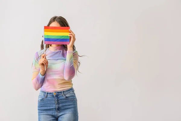 Young Woman Lgbt Flag Light Background — Stock Photo, Image