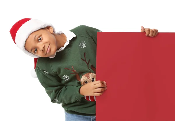 Menino Afro Americano Bonito Chapéu Papai Noel Com Cartaz Branco — Fotografia de Stock