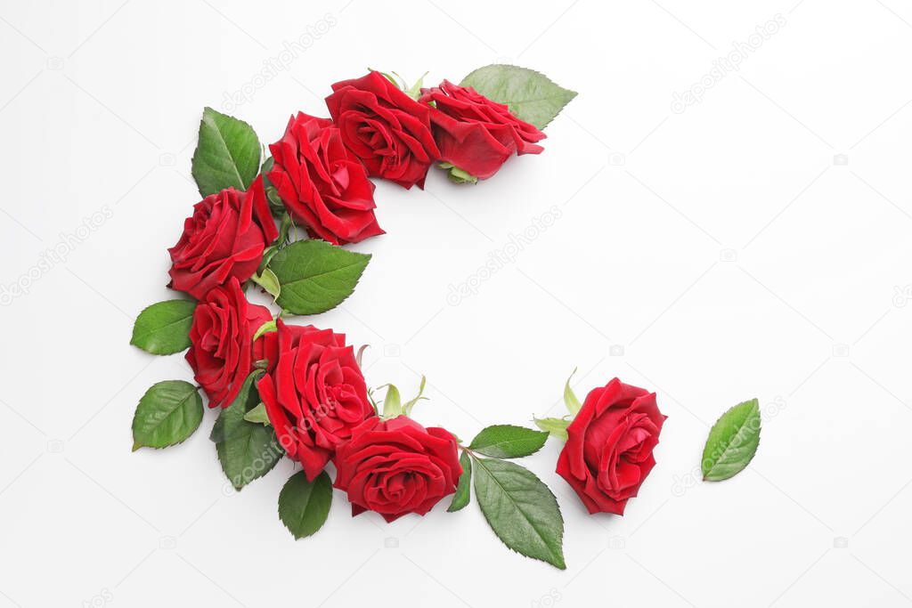 Composition with beautiful red roses on white background