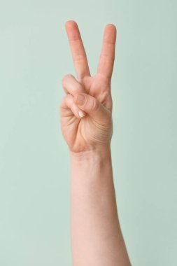 Renk arkaplanında V harfi görünüyor. İşaret dili alfabesi