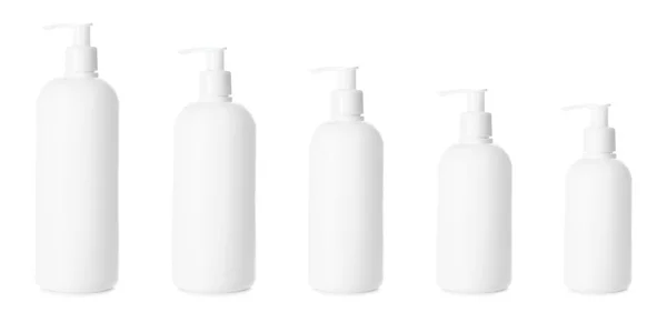 Productos Cosméticos Botellas Diferentes Tamaños Sobre Fondo Blanco —  Fotos de Stock