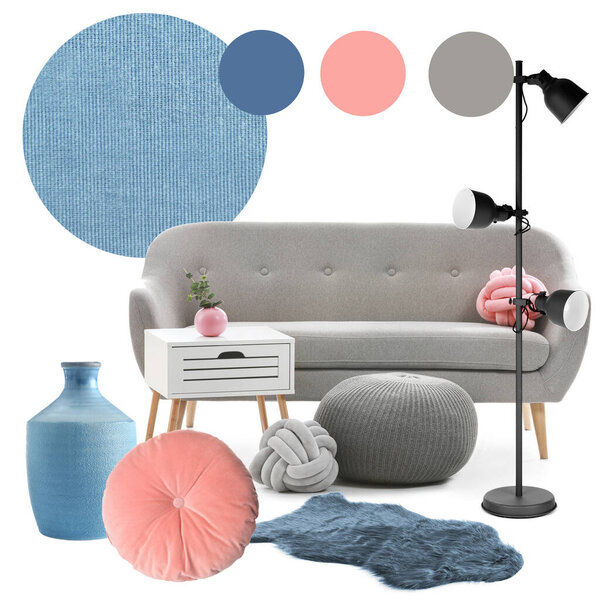 Элементы современной гостиной на белом фоне. Различные цветовые схемы