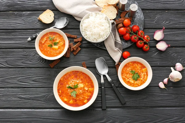 Bowls Tasty Rice Soup Table — Stock Photo, Image