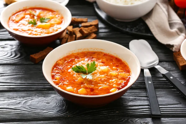 Bowl Tasty Rice Soup Table — Stock Photo, Image