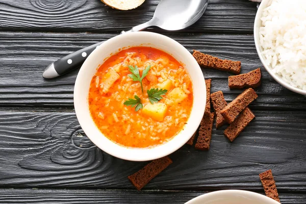 Bowl Tasty Rice Soup Table — Stock Photo, Image