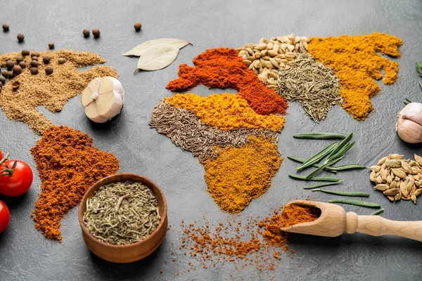 World Map Made Different Spices Grey Background — Stock Photo, Image