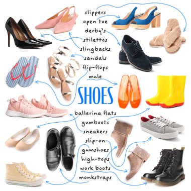 Collection of different shoes on white background clipart