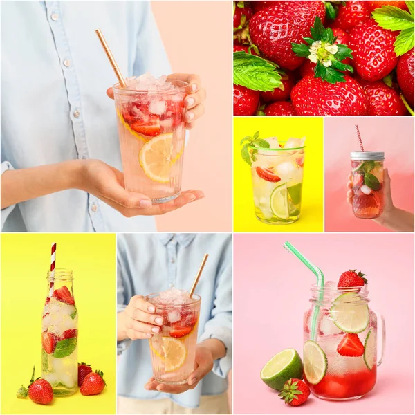 Collage Bilder Med Färska Jordgubbar Lemonad — Stockfoto