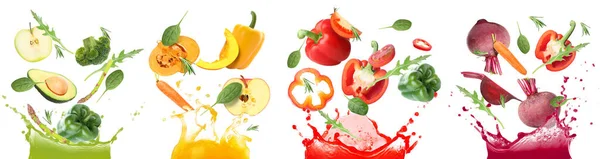 Splashes Different Vegetable Juices Flying Ingredients White Background — Stock Photo, Image