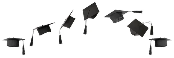 Sombreros Graduación Sobre Fondo Blanco — Foto de Stock