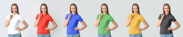 Conjunto Bela Jovem Mulher Camisas Pólo Coloridas Fundo Claro — Fotografia de Stock