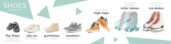 Види Взуття Різних Видів Діяльності Білому Тлі — стокове фото
