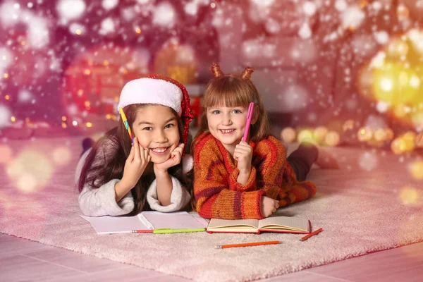 Cute Little Girls Writing Letter Santa Claus Christmas Eve Home — Stock Photo, Image