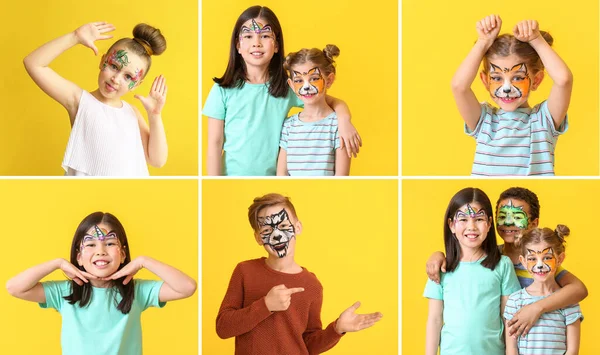 Lustige Kinder Mit Kinderschminken Auf Farbigem Hintergrund — Stockfoto