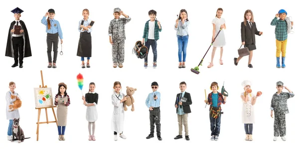 Collage Avec Des Petits Enfants Uniformes Différentes Professions Sur Fond — Photo