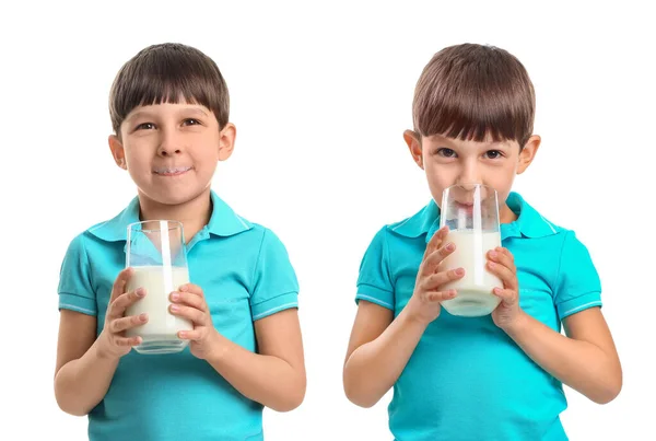 Μικρό Αγόρι Γάλα Λευκό Φόντο — Φωτογραφία Αρχείου