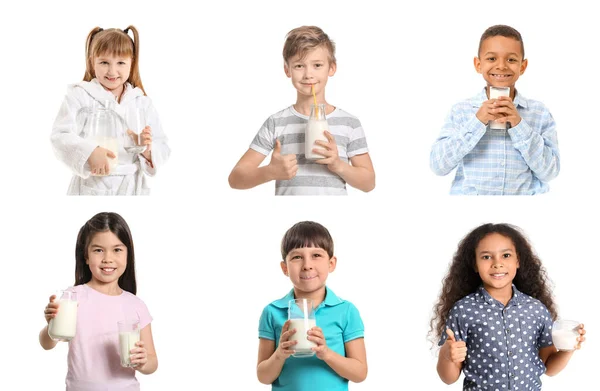 Diferentes Niños Pequeños Con Leche Sobre Fondo Blanco —  Fotos de Stock